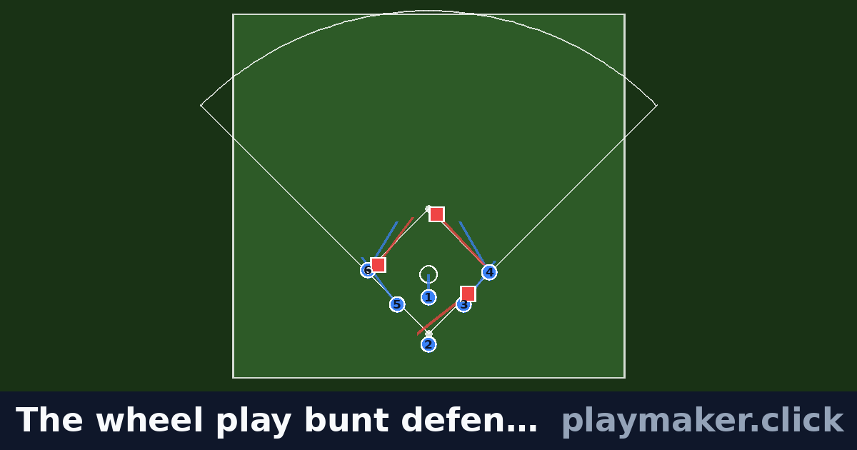 The wheel play bunt defence: a baseball play diagram with 6 of our players and 3 opposition players on the pitch, each run drawn from where the player starts.
